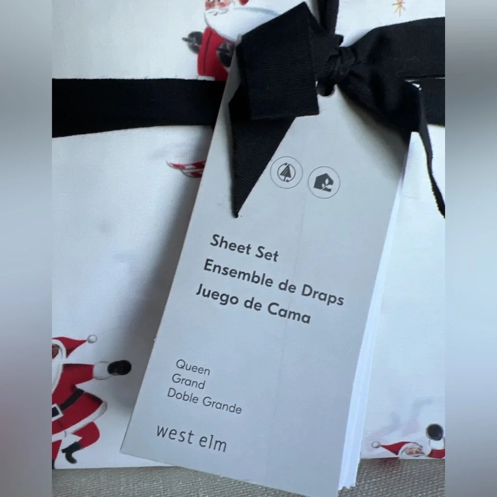 NWT West Elm Skiing Santa Percale Sheet Set